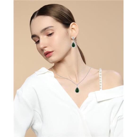 Teardrop Jewelry Set Women Crystal Necklace Earrings Sterling Silver Wedding Pro - Picture 2 of 7